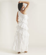 One Shoulder Floral Ruffle Maxi Dress - White