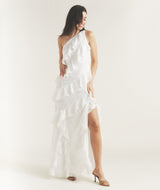 One Shoulder Floral Ruffle Maxi Dress - White
