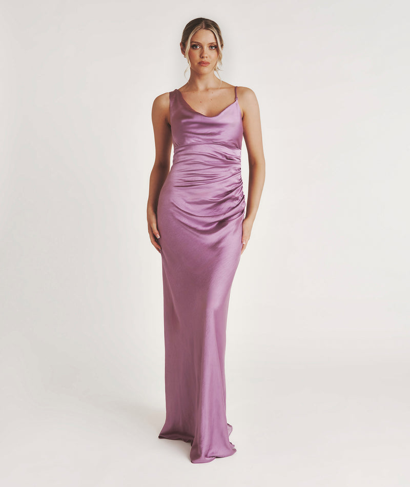 Cowl Asymmetrical Satin Bridesmaid Dress - Orchid