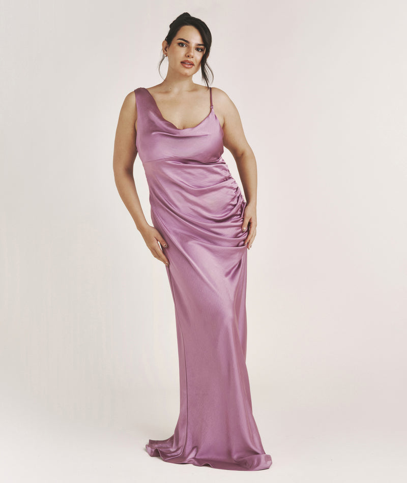Cowl Asymmetrical Satin Bridesmaid Dress - Orchid