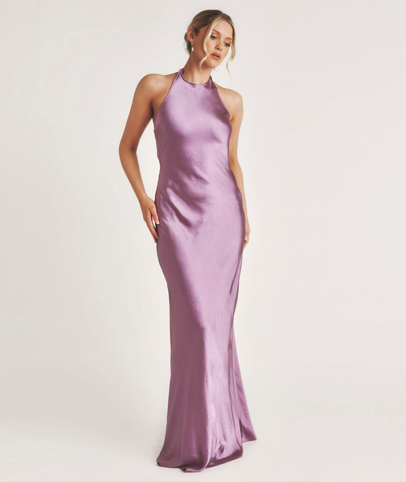 Racer Neck Satin Bridesmaid Dress - Orchid