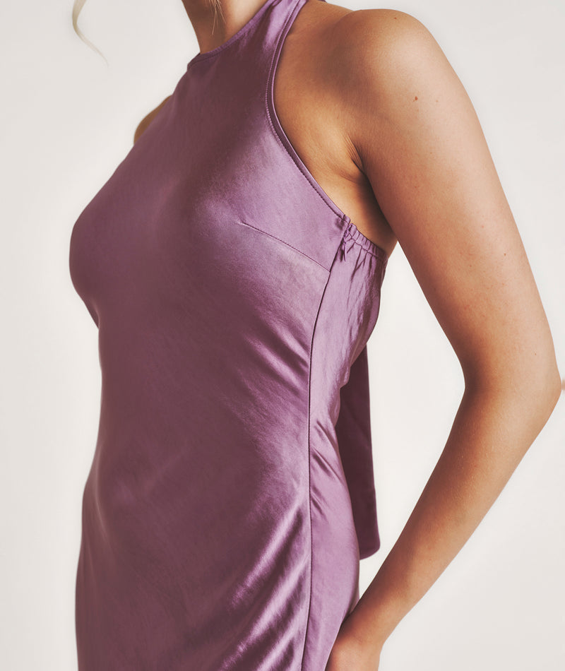 Racer Neck Satin Bridesmaid Dress - Orchid