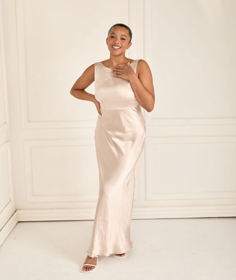 Cowl Back Satin Bridesmaid Dress - Oyster