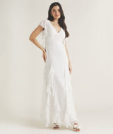 Ruffle V Neck Plunge Maxi Dress - White