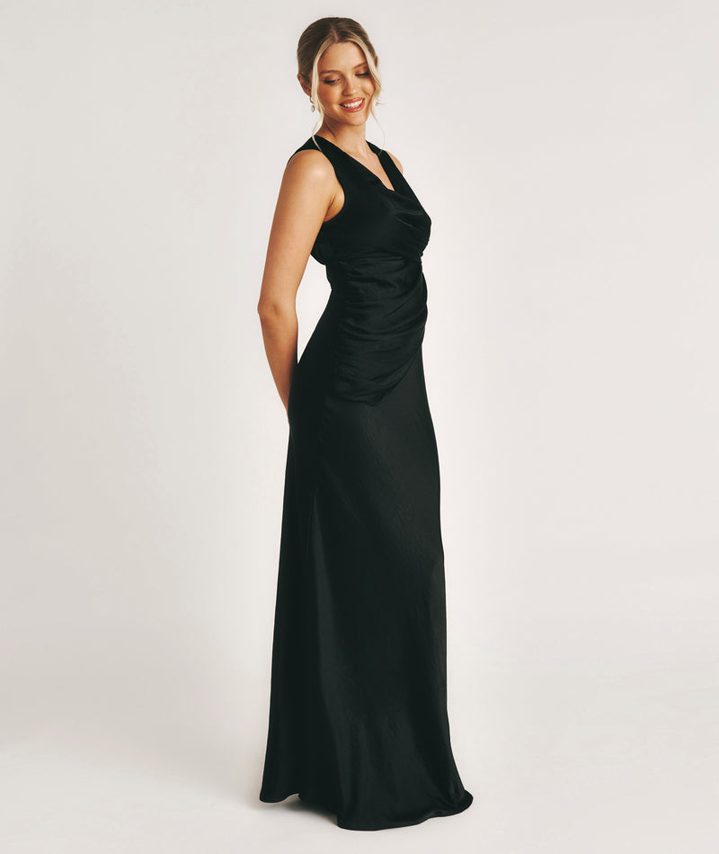 Drape Detail Satin Bridesmaid Dress - Black