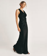 Drape Detail Satin Bridesmaid Dress - Black