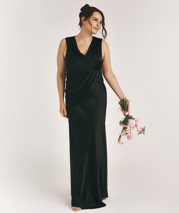 Drape Detail Satin Bridesmaid Dress - Black