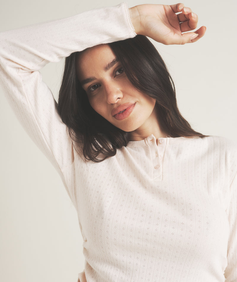 Pointelle Long Sleeve Pyjama Top - Rosewater