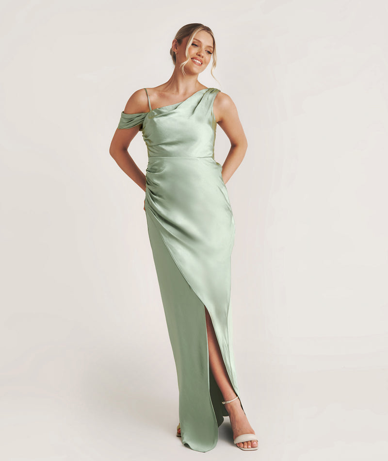 Asymmetrical Satin Bridesmaid Dress - Sage