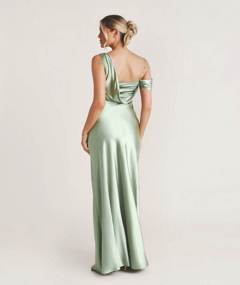 Asymmetrical Satin Bridesmaid Dress - Sage