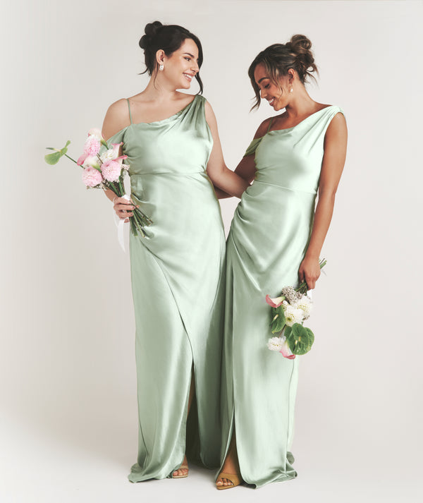 Asymmetrical Satin Bridesmaid Dress - Sage