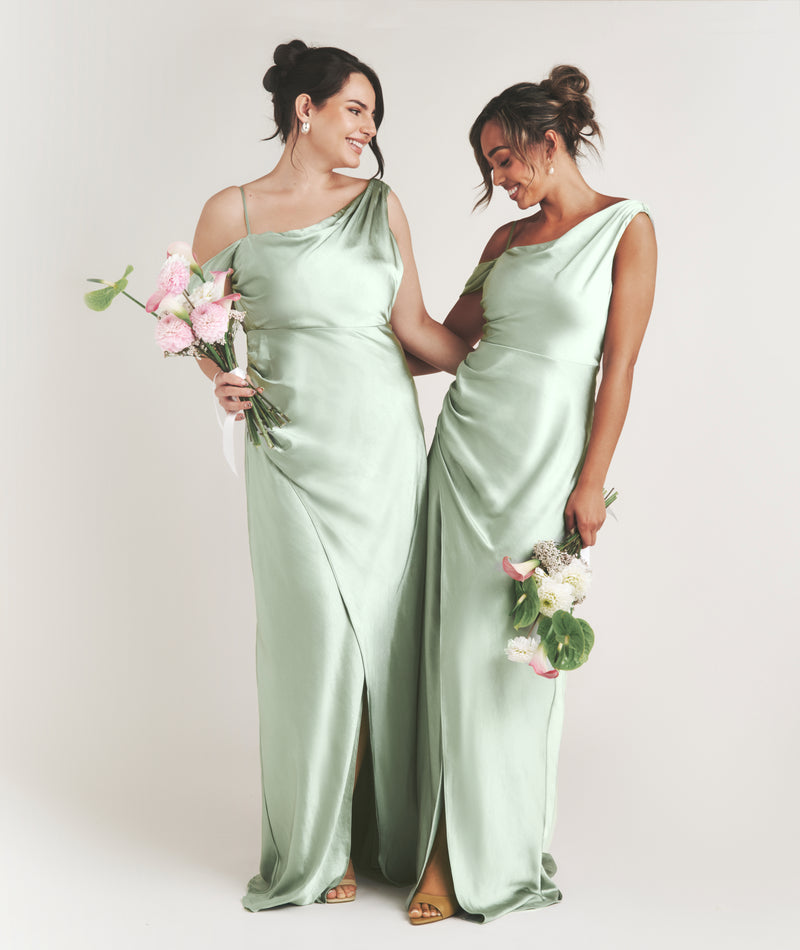 Asymmetrical Satin Bridesmaid Dress - Sage