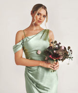 Asymmetrical Satin Bridesmaid Dress - Sage