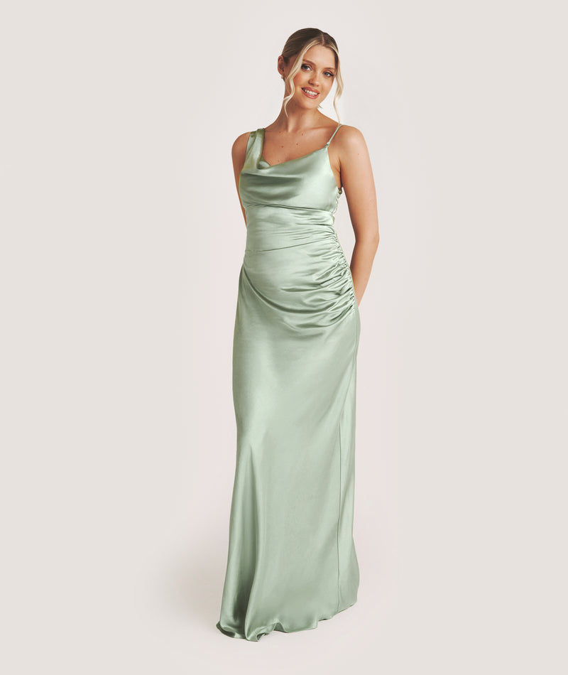 Cowl Asymmetrical Satin Bridesmaid Dress - Sage