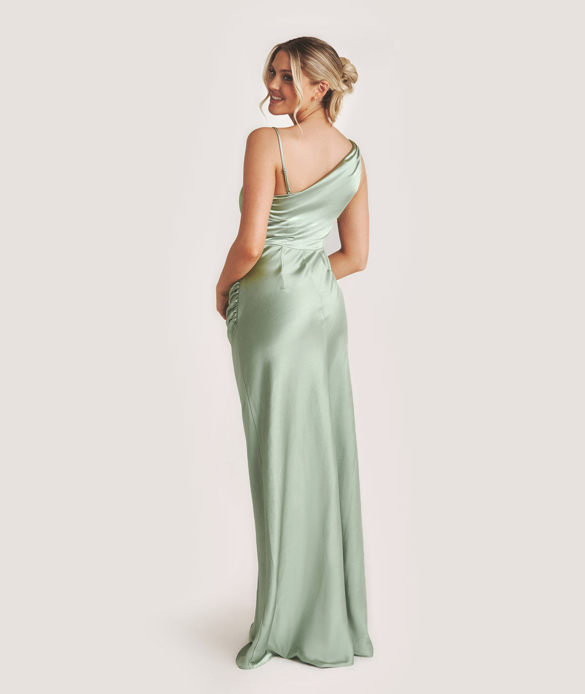 Cowl Asymmetrical Satin Bridesmaid Dress - Sage