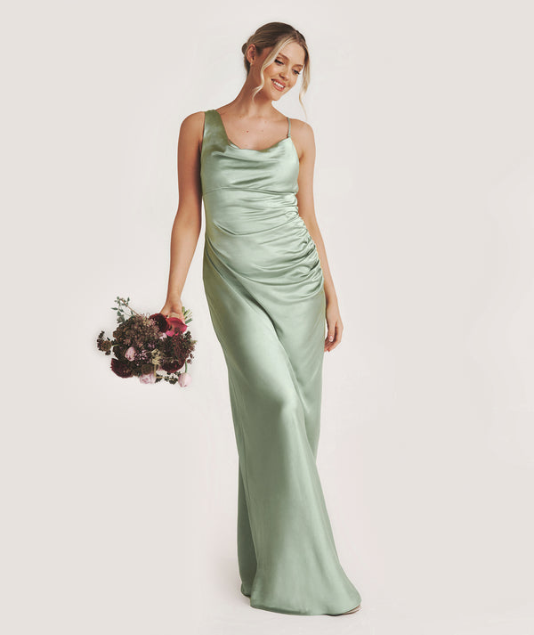 Cowl Asymmetrical Satin Bridesmaid Dress - Sage