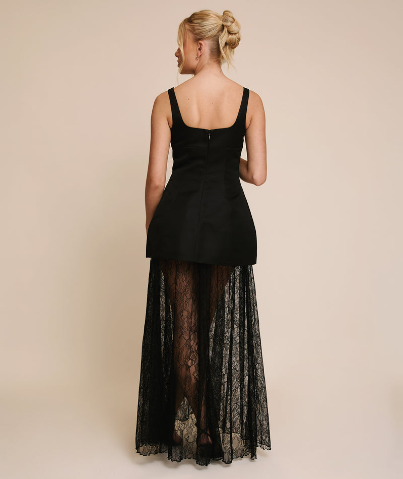 Plunge Satin Dress with Lace Skirt - Black