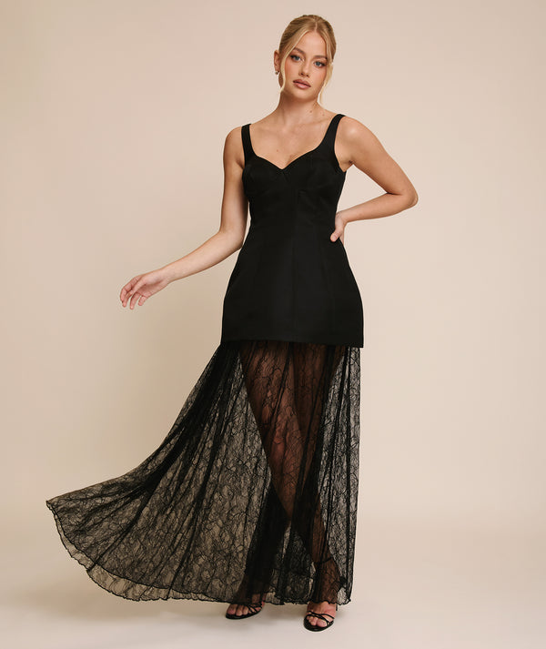 Plunge Satin Dress with Lace Skirt - Black