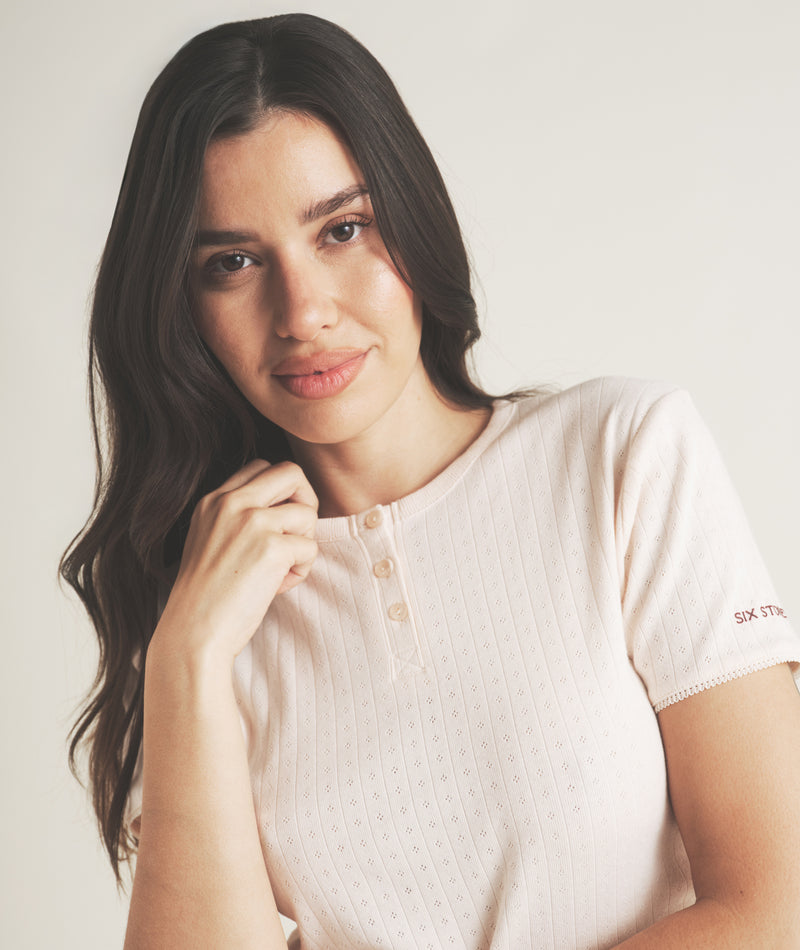 Pointelle Short Sleeve Pyjama Top - Rosewater