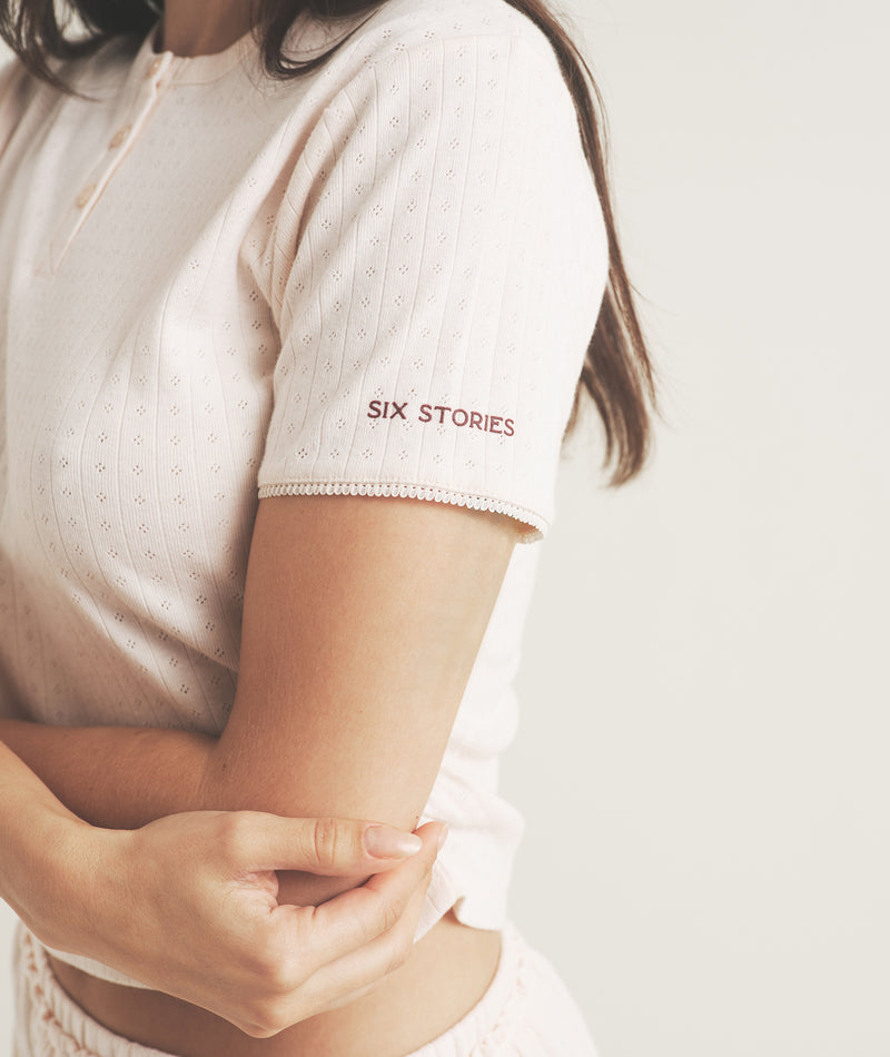 Pointelle Short Sleeve Pyjama Top - Rosewater