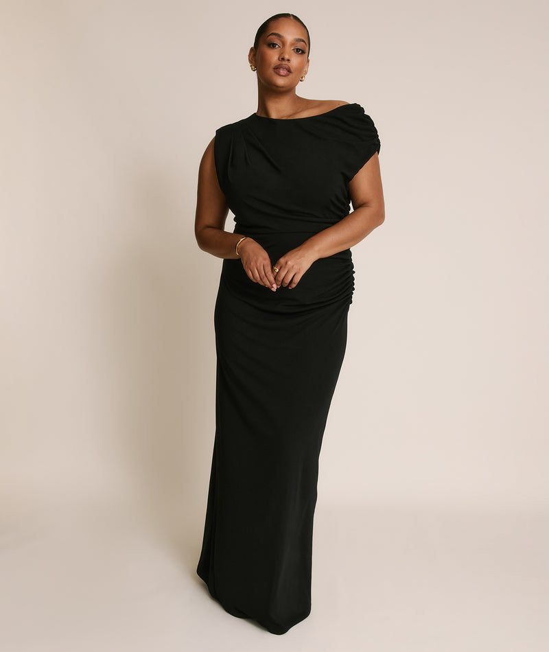 Asymmetric Neck Stretch Sculpt Bridesmaid Dress - Black