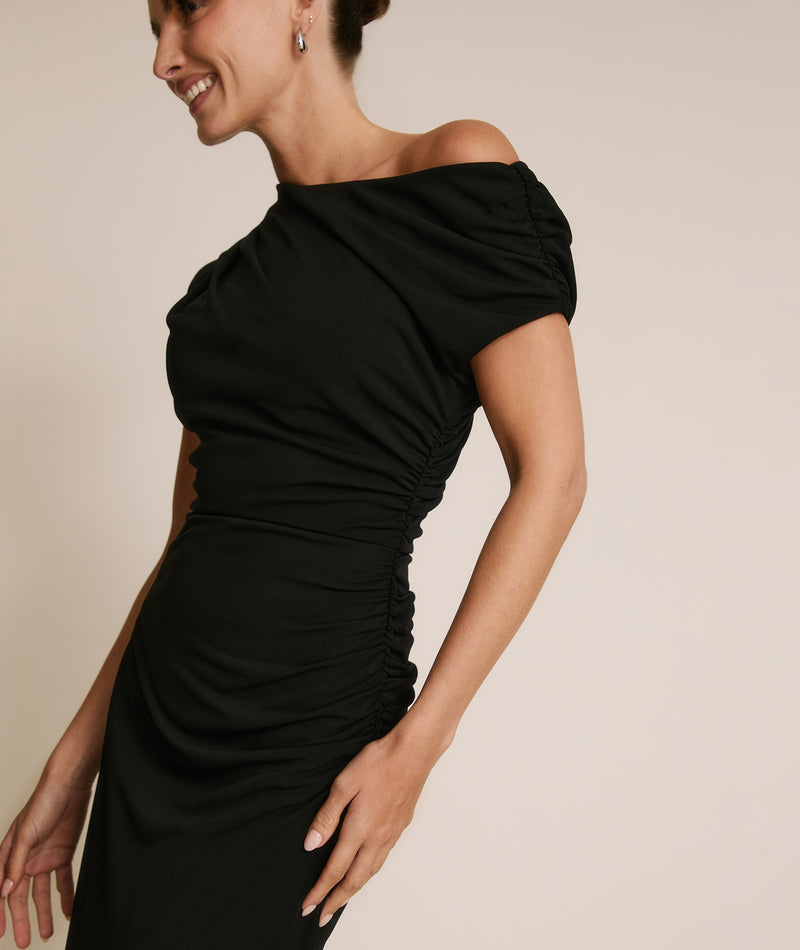 Asymmetric Neck Stretch Sculpt Bridesmaid Dress - Black