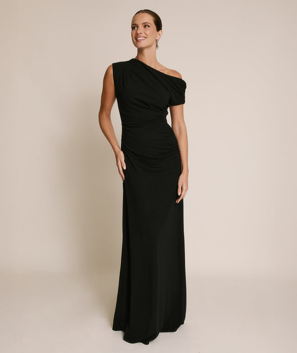 Asymmetric Neck Stretch Sculpt Bridesmaid Dress - Black