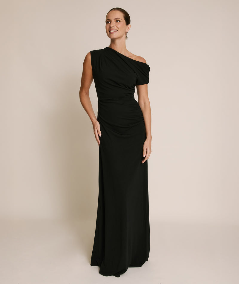Asymmetric Neck Stretch Sculpt Bridesmaid Dress - Black