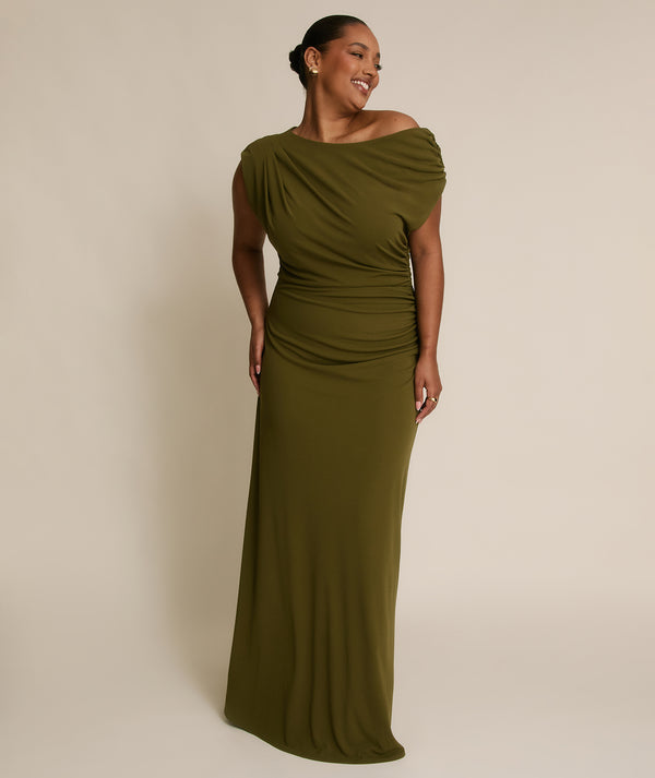 Asymmetric Neck Stretch Sculpt Bridesmaid Dress - Fern Green