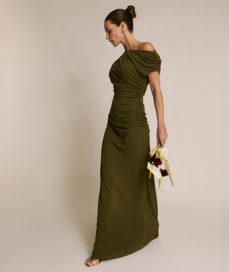 Asymmetric Neck Stretch Sculpt Bridesmaid Dress - Fern Green
