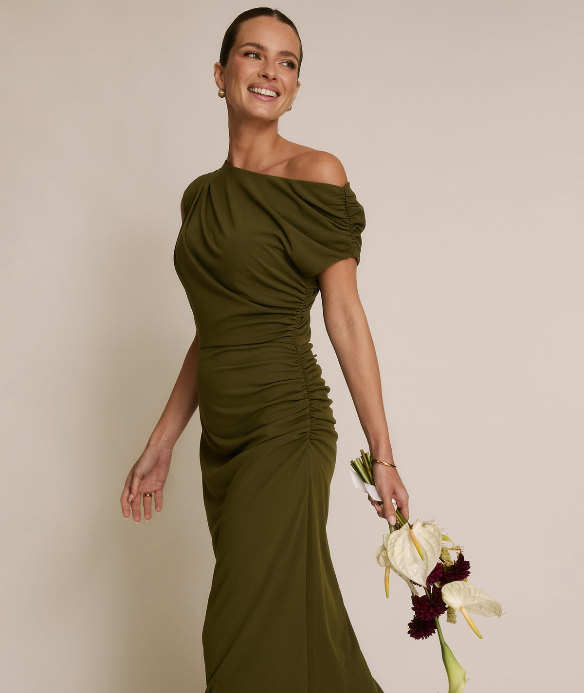 Asymmetric Neck Stretch Sculpt Bridesmaid Dress - Fern Green