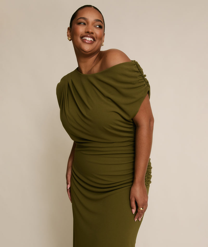 Asymmetric Neck Stretch Sculpt Bridesmaid Dress - Fern Green