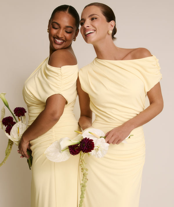 Asymmetric Neck Stretch Sculpt Bridesmaid Dress - Lemon