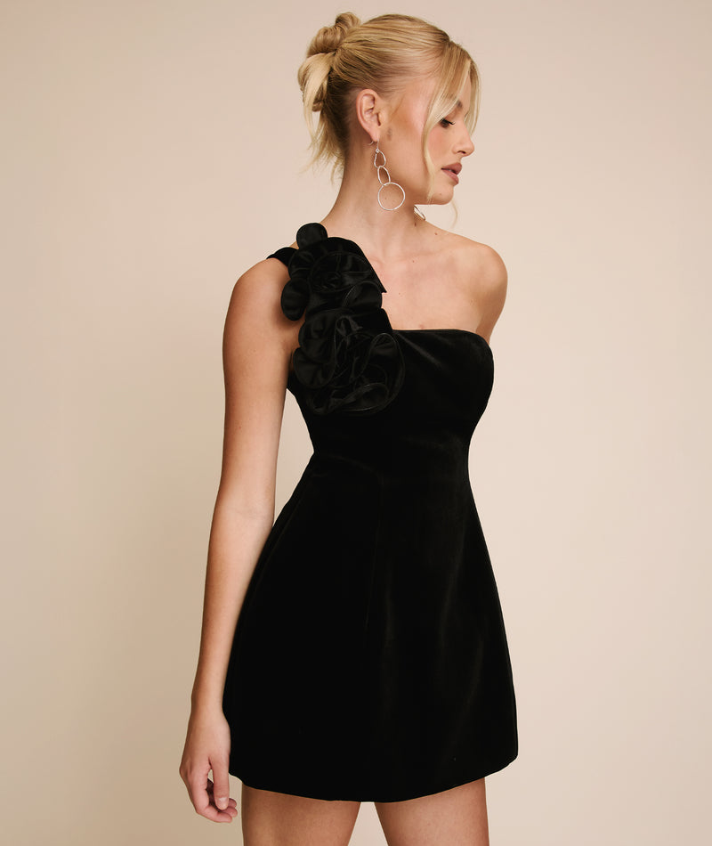 Velvet Corsage A-line Mini Dress - Black