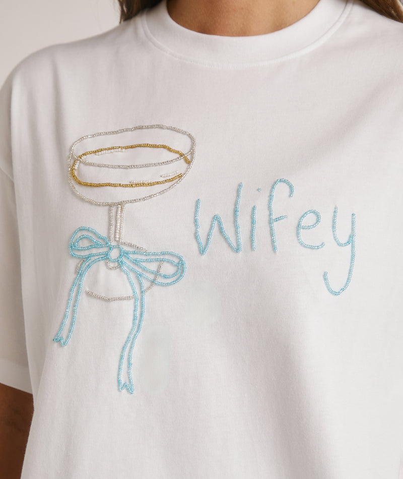 Wifey Champagne Coupe Beaded Tee – White