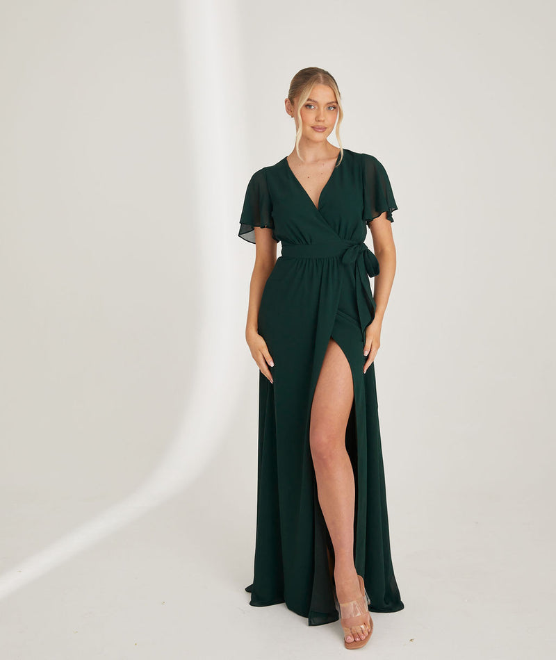 Wrap Tie Chiffon Bridesmaid Dress - Emerald Six Stories Wrap Tie Chiffon Bridesmaid Dress - Emerald Six Stories