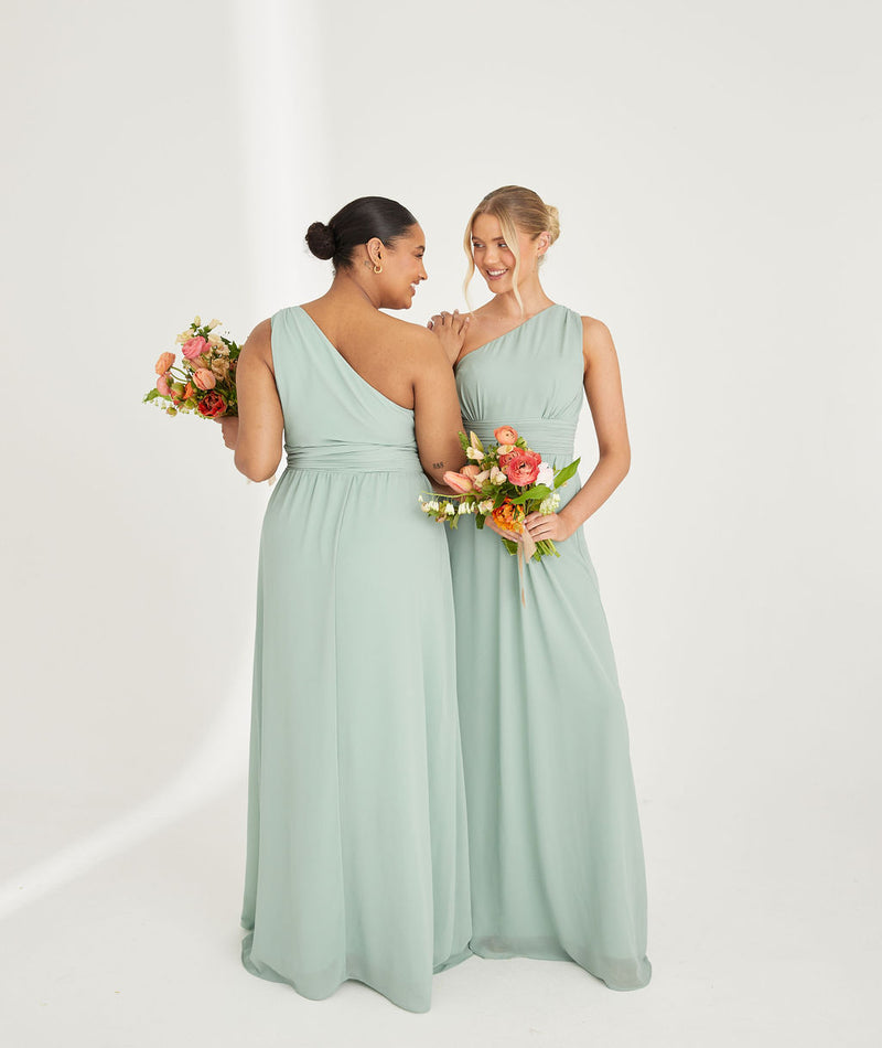 Sage green one shoulder bridesmaid dresses hotsell