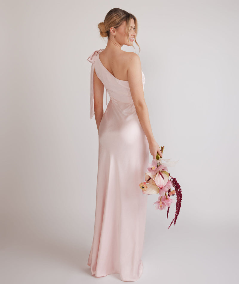 Bow One Shoulder Satin Bridesmaid Dress Pale Pink