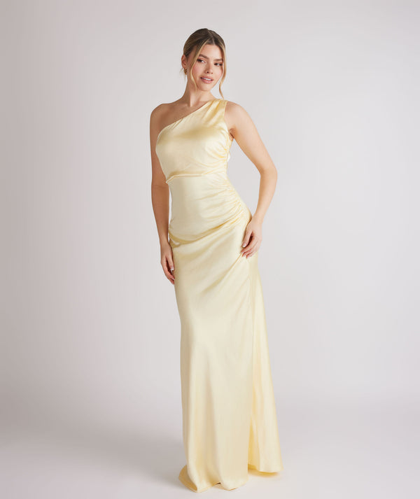 One Shoulder Ruched Satin Bridesmaid Dress - Butter Lemon