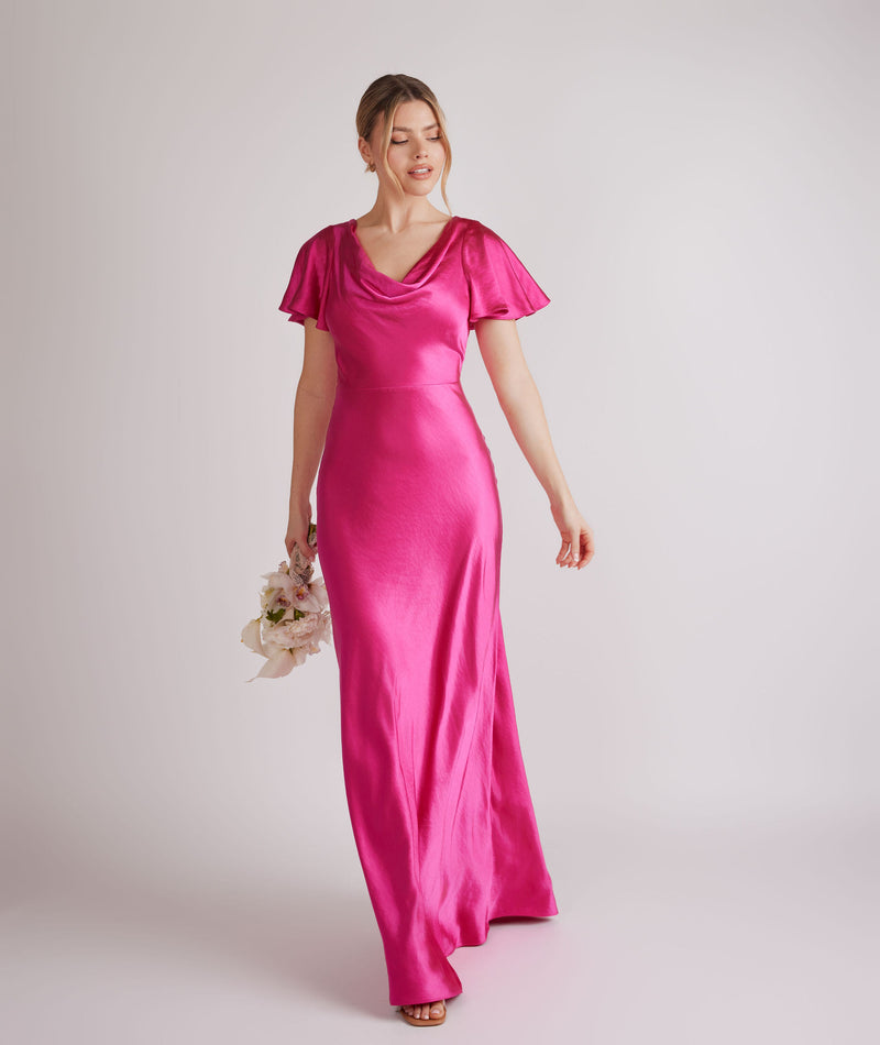 Cowl Flutter Sleeve Satin Bridesmaid Dress - Fuchsia Pink Six Stories Cowl Flutter Sleeve Satin Bridesmaid Dress - Fuchsia Pink Six Stories