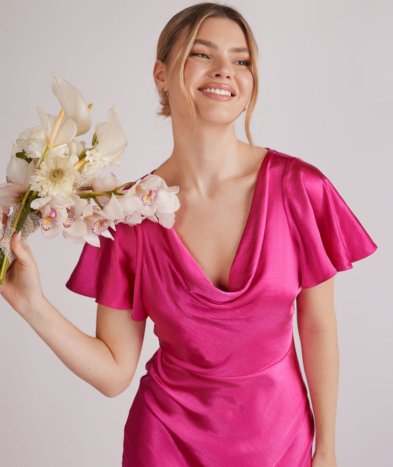 Cowl Flutter Sleeve Satin Bridesmaid Dress - Fuchsia Pink Six Stories Cowl Flutter Sleeve Satin Bridesmaid Dress - Fuchsia Pink Six Stories