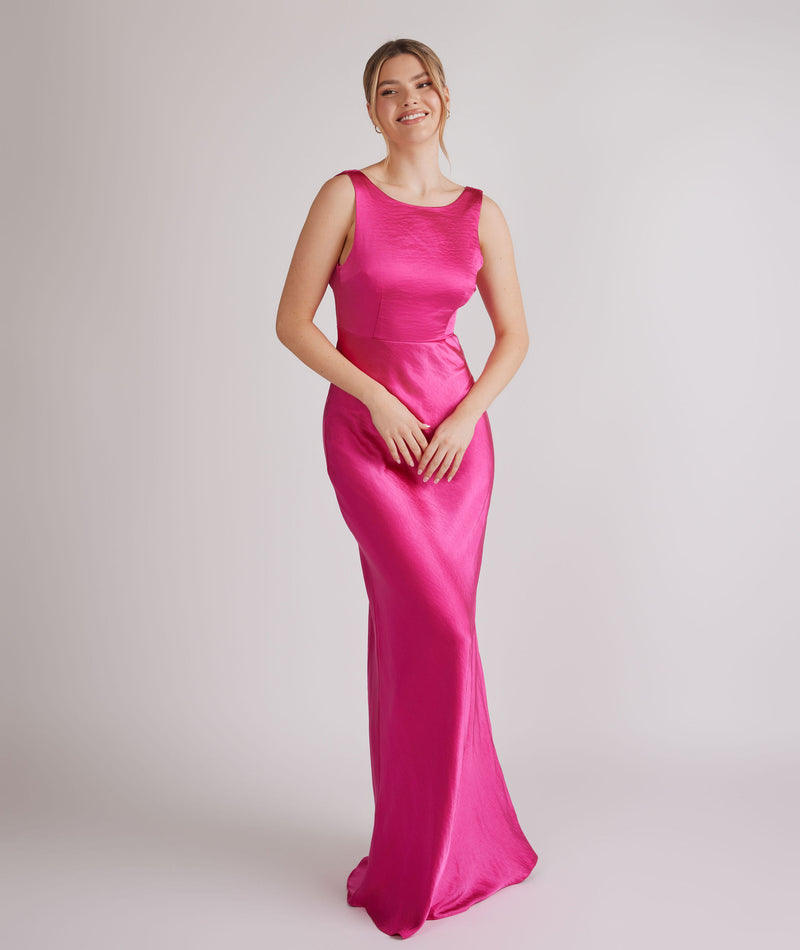 fuchsia pink bridesmaid dresses uk BABARONI Tulle Fuchsia Bridesmaid Dresses A-line V-neck Sleeveless Floor-length With Slit BABARONI UK