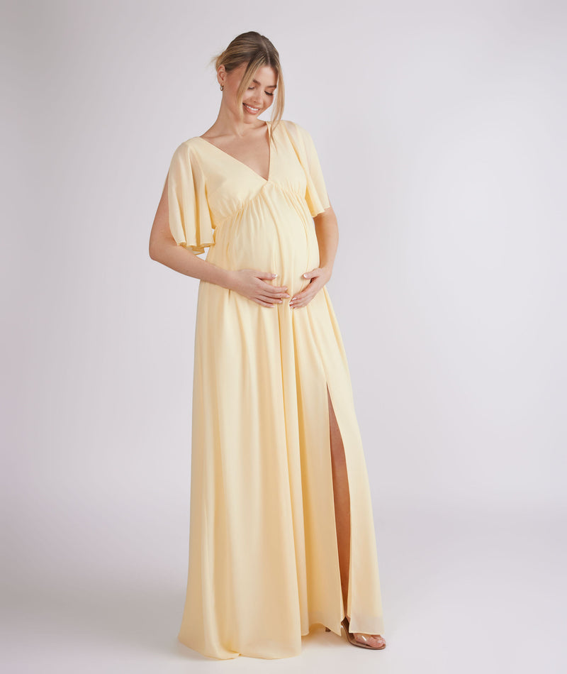 Plunge Flutter Sleeve Chiffon Bridesmaid Dress - Butter Lemon | Maternity Six Stories Plunge Flutter Sleeve Chiffon Bridesmaid Dress - Butter Lemon | Maternity Six Stories