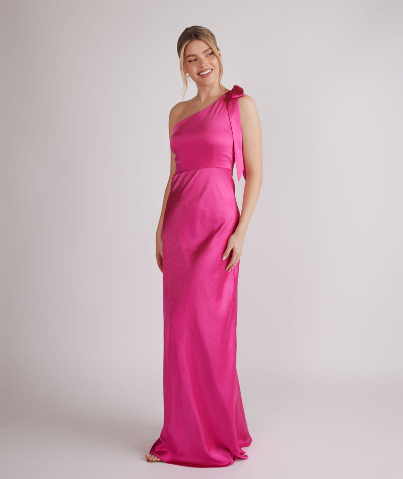 Bow One Shoulder Satin Bridesmaid Dress - Fuchsia Pink Six Stories Bow One Shoulder Satin Bridesmaid Dress - Fuchsia Pink Six Stories