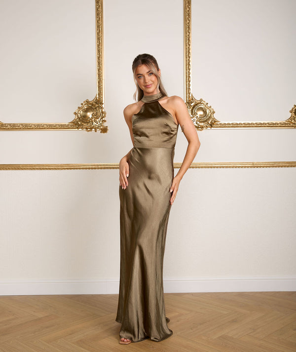 Halter Neck Satin Bridesmaid Dress - Olive