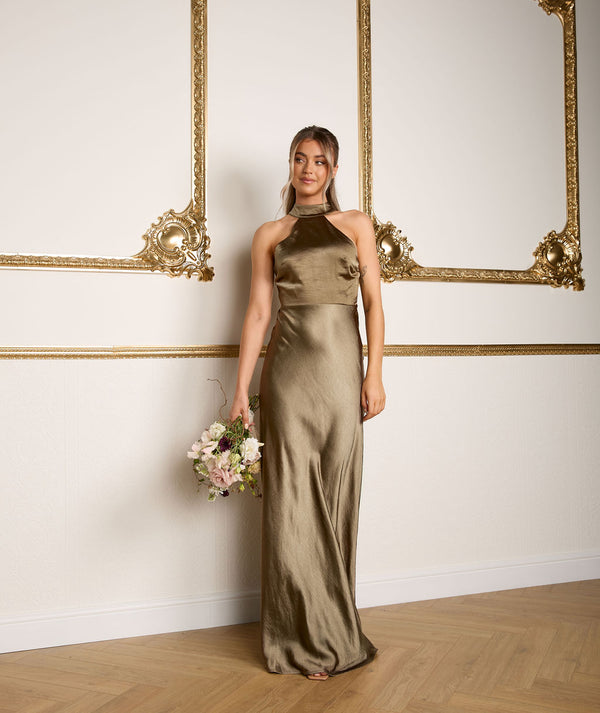 Halter Neck Satin Bridesmaid Dress - Dark Olive