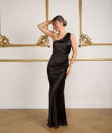 One Shoulder Satin Bridesmaid Dress - Black