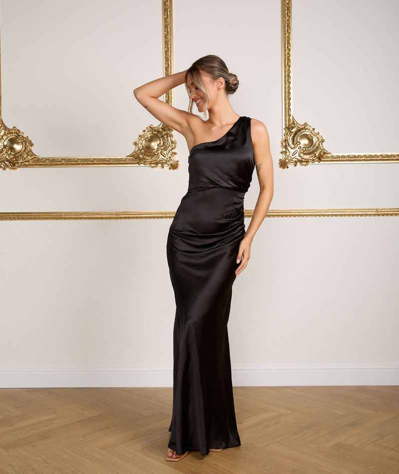 One Shoulder Satin Ruched Bridesmaid Dress - Black