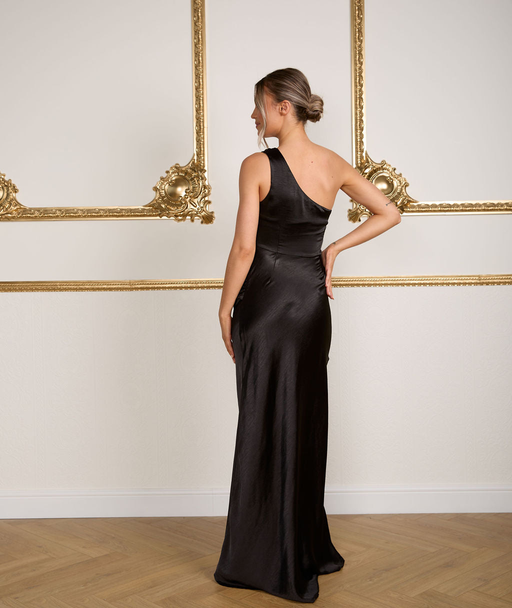 One Shoulder Satin Bridesmaid Dress - Black