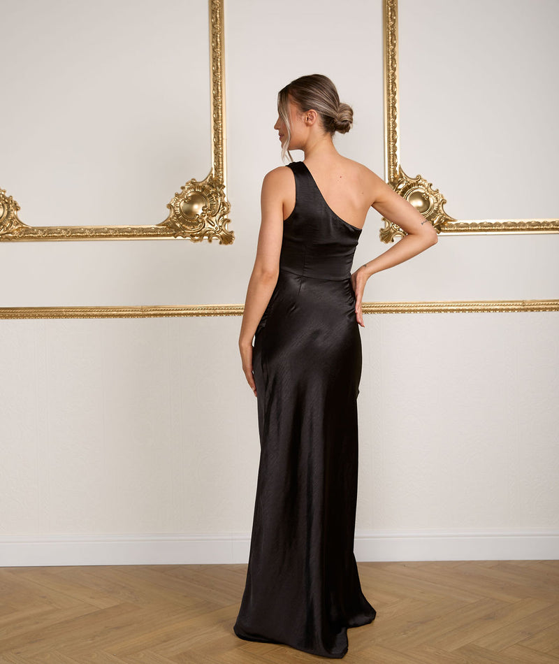 One Shoulder Satin Ruched Bridesmaid Dress - Black